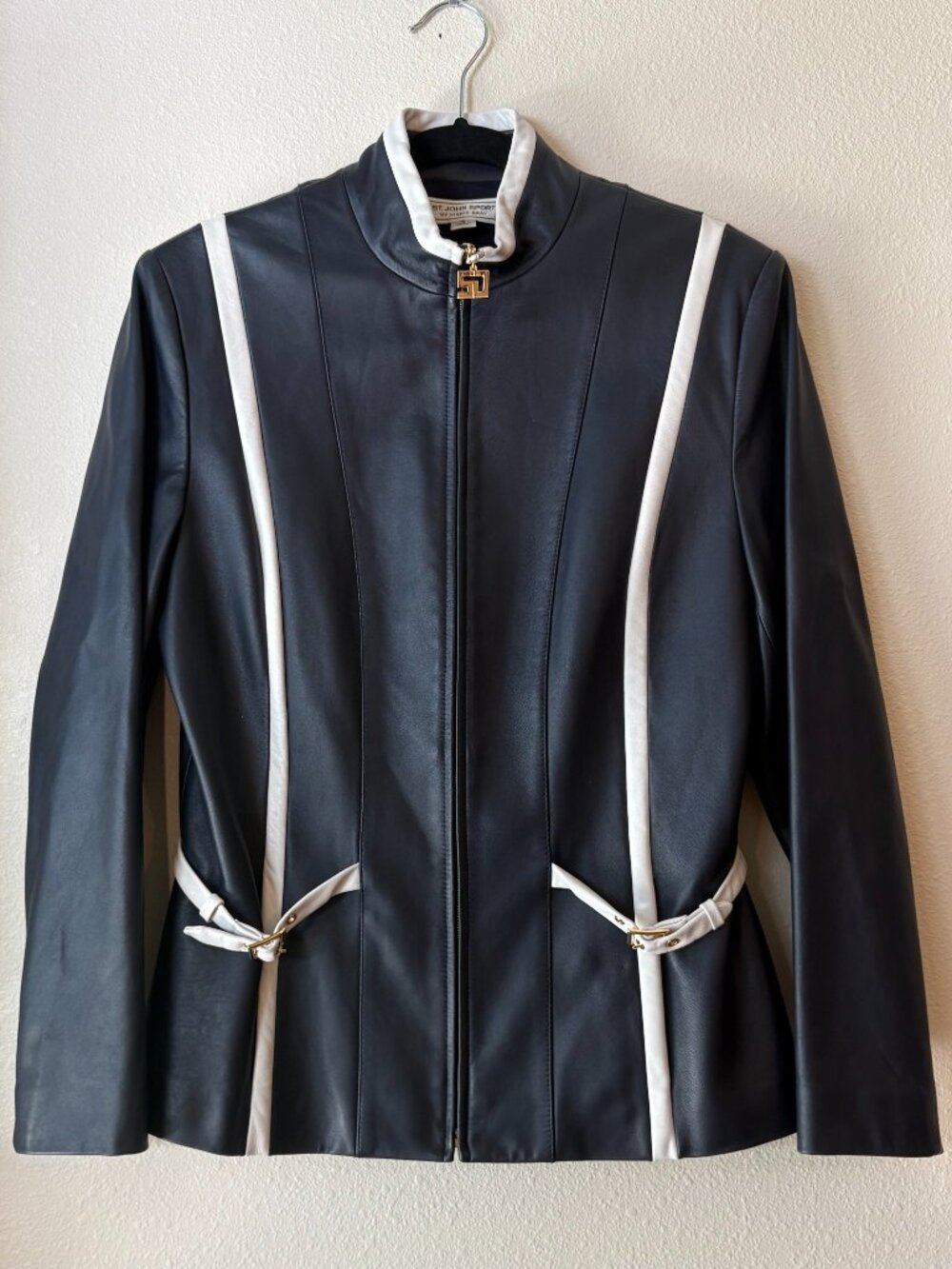 Vintage St. John Sport Dark Blue Leather Jacket White Contrast Stripes Fitted S